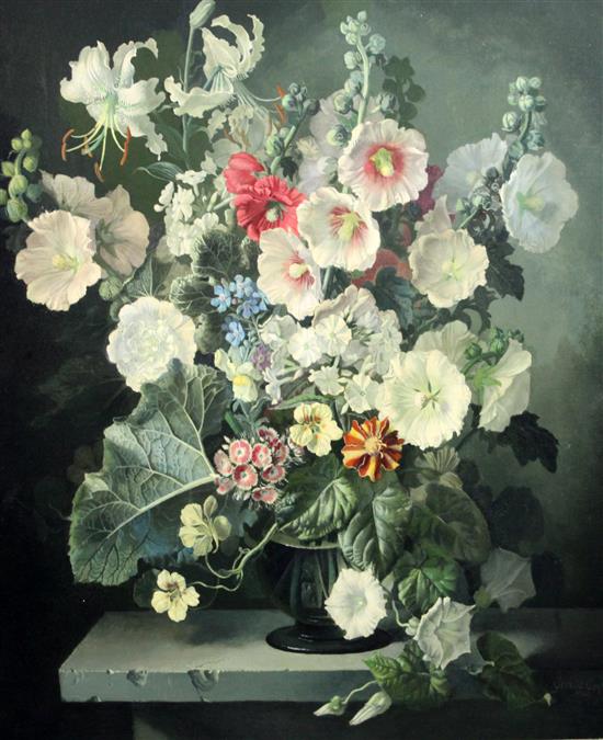 § Gerald A. Cooper (1898-1975) Still life of hollyhocks, lilies and other flowers in a vase upon a ledge 29 x 24in.
